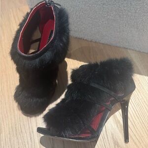 Charles Jourdan Black Fur High Heel Peep Toe Booties with Red Lining